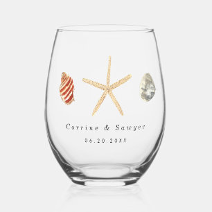Watercolor Seashells Couples Name Wedding Favor Stemless Wine Glass