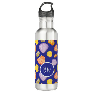 Watercolor Seashells Monogram Stainless Steel Water Bottle
