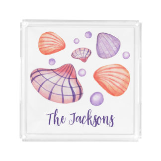 Watercolor Seashells Nautical Acrylic Serving Tray