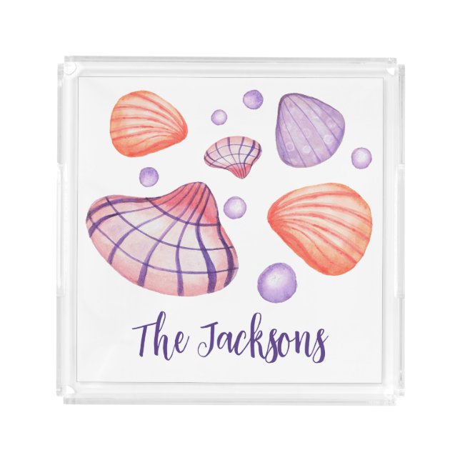 Watercolor Seashells Nautical Acrylic Serving Tray (Front)