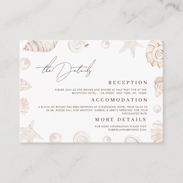 Watercolor Seashells Nautical Wedding Details Enclosure Card (Front)