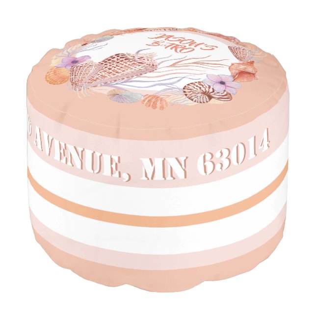 Watercolor seashells nautilus frame custom stripe  pouf (Angled Front)