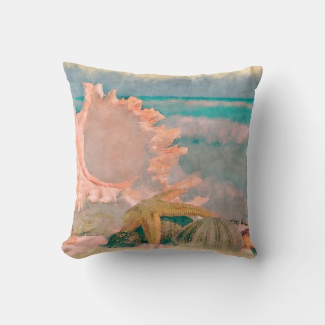 Watercolor Seashells on Beach Pillow (Front)