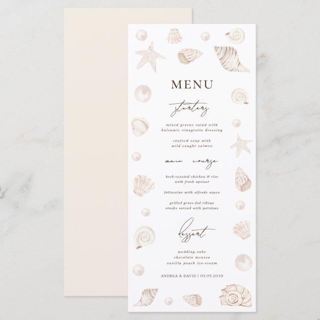 Watercolor Seashells Pearls Beach Nautical Wedding Menu (Front/Back)