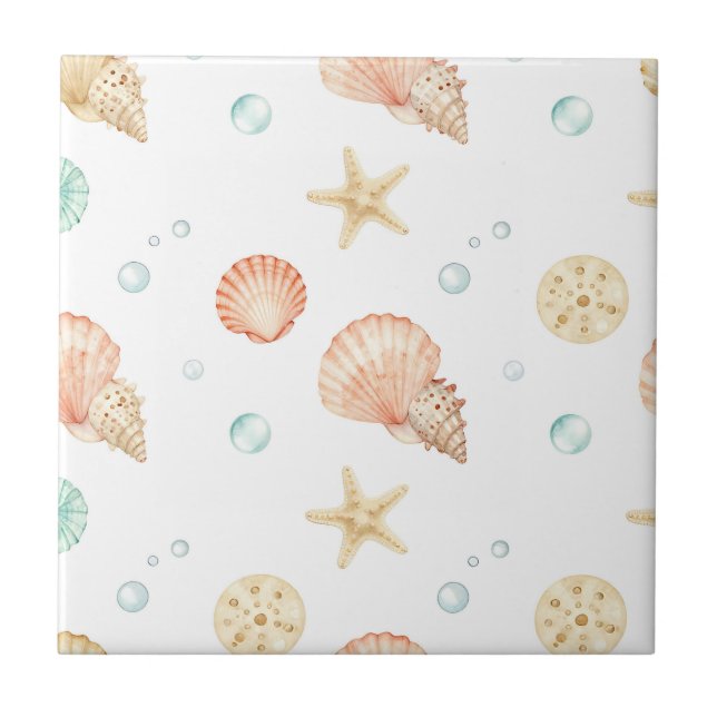 Watercolor Seashells Pearls Coastal Pattern Ceramic Tile (Front)