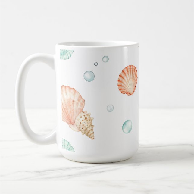 Watercolor Seashells Pearls Coastal Pattern Coffee Mug (Left)