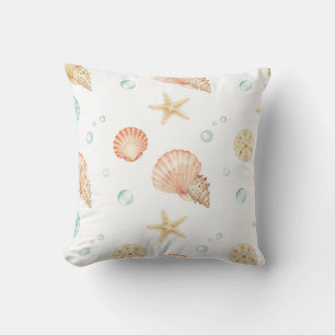 Watercolor Seashells Pearls Coastal Pattern Throw Pillow