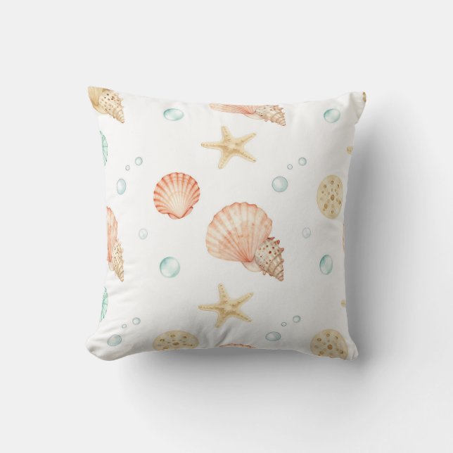 Watercolor Seashells Pearls Coastal Pattern Throw Pillow (Front)
