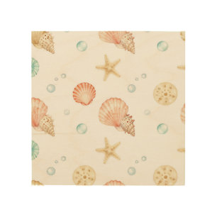 Watercolor Seashells Pearls Coastal Pattern Wood Wall Art