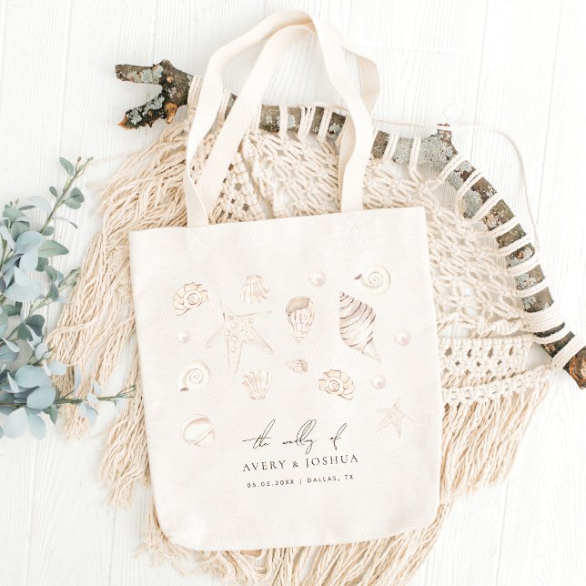 Watercolor Seashells Pearls Nautical Wedding Favor Tote Bag (Creator Uploaded)