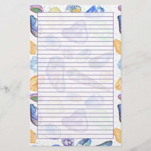 Watercolor Seashells Purple Lined Stationery