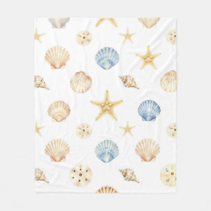 Watercolor Seashells Starfish Coastal Pattern Fleece Blanket