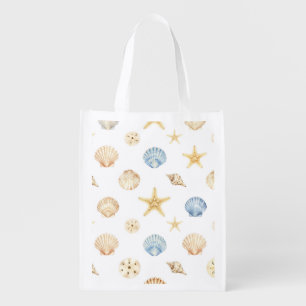 Watercolor Seashells Starfish Coastal Pattern Grocery Bag