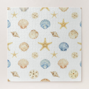Watercolor Seashells Starfish Coastal Pattern Jigsaw Puzzle