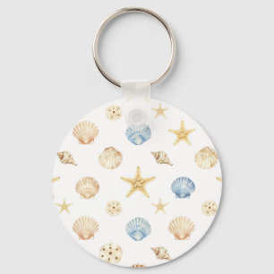 Watercolor Seashells Starfish Coastal Pattern Keychain