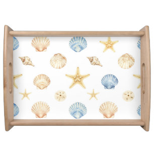 Watercolor Seashells Starfish Coastal Pattern Serving Tray