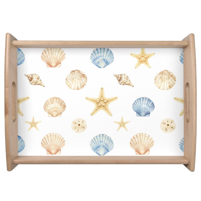 Watercolor Seashells Starfish Coastal Pattern Serving Tray (Front)