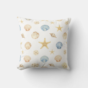 Watercolor Seashells Starfish Coastal Pattern Throw Pillow
