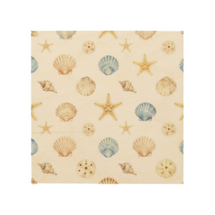 Watercolor Seashells Starfish Coastal Pattern Wood Wall Art