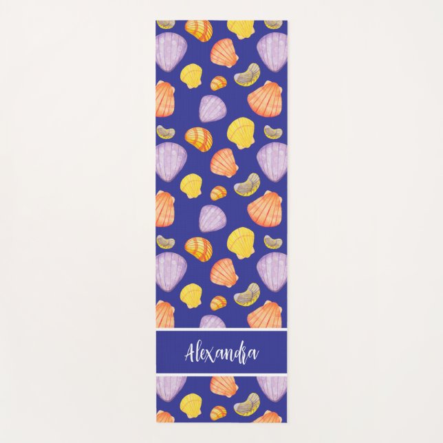 Watercolor Seashells with Name Yoga Mat (Front)