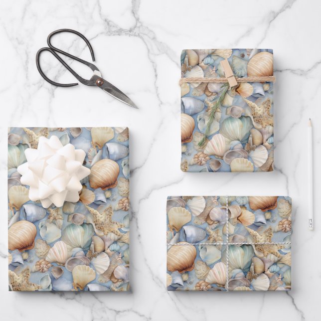 Watercolor Seashells Wrapping Paper Sheets (Front)