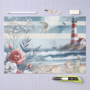 Watercolor Seaside Lighthouse Sailboat & Seagulls Tissue Paper