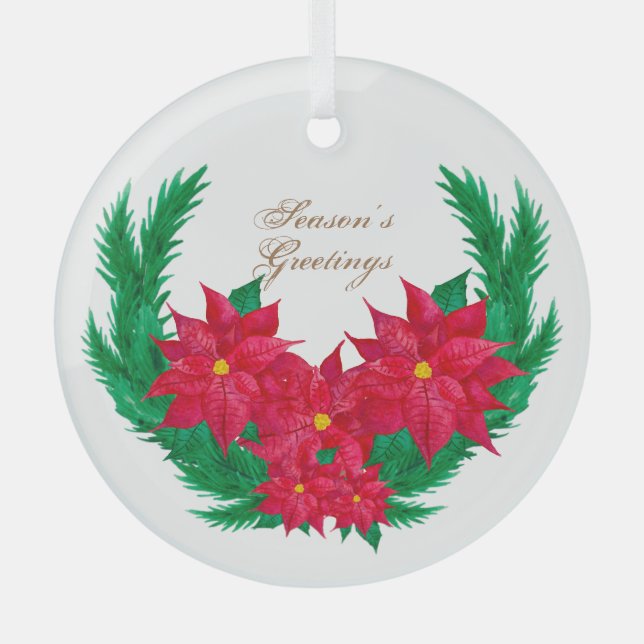 Watercolor Season's Greetings Poinsettias Glass Ornament (Front)