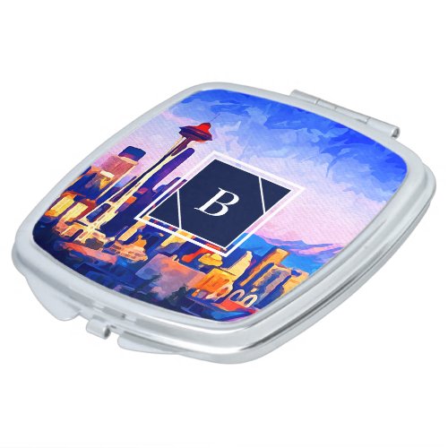 Watercolor Seattle WA Sunset Orange Monogrammed Compact Mirror