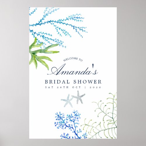 Watercolor Seaweed Beach Bridal Shower Welcome Poster