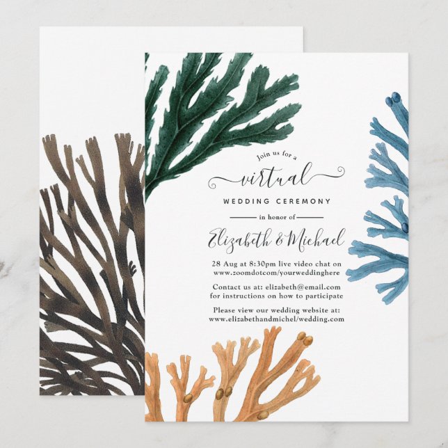 Watercolor Seaweed Beach Online Virtual Wedding Invitation (Front/Back)