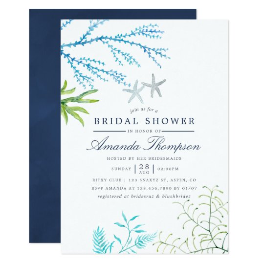 Watercolor Seaweed Beach Themed Bridal Shower Invitation