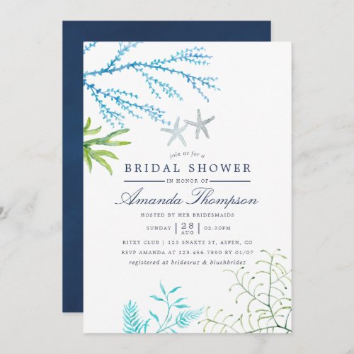 Watercolor Seaweed Beach Themed Bridal Shower Invitation