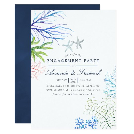 Watercolor Seaweed Beach Themed Engagement Party Invitation
