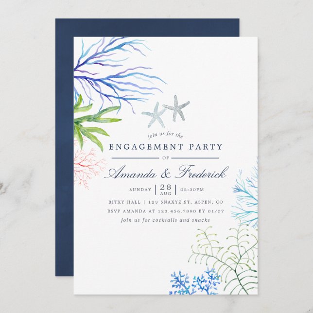 Watercolor Seaweed Beach Themed Engagement Party Invitation (Front/Back)