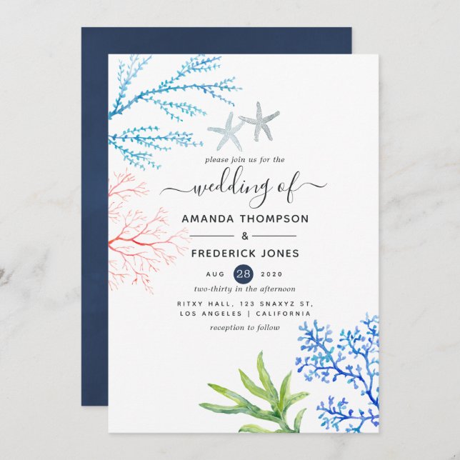 Watercolor Seaweed Beach Themed Wedding Invitation (Front/Back)