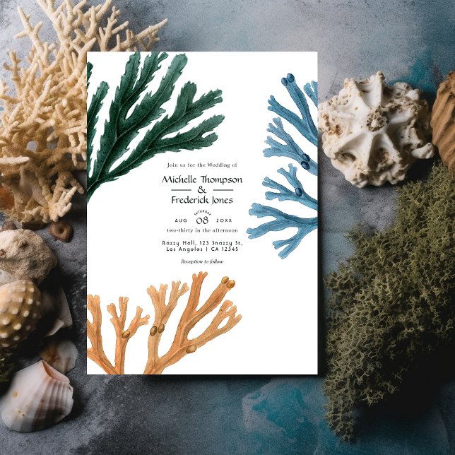Watercolor Seaweed Beach Themed Wedding Invitation (Creator Uploaded)