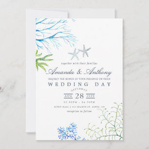 Watercolor Seaweed Beach Themed Wedding Invitation