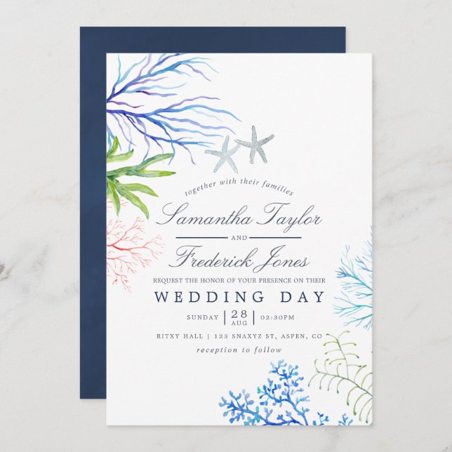 Watercolor Seaweed Beach Themed Wedding Invitation (Front/Back)