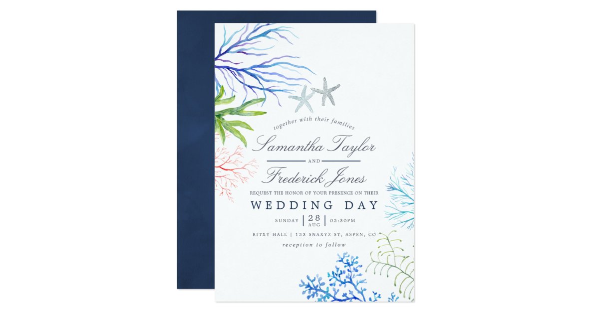 Watercolor Seaweed Beach Themed Wedding Invitation