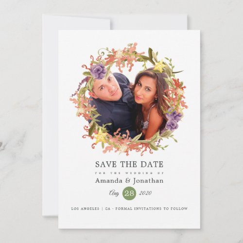 Watercolor Seaweed Beach Themed Wedding Photo Save The Date