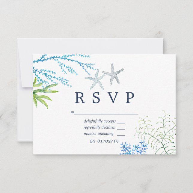 Watercolor Seaweed Beach Themed Wedding RSVP Card (Front)