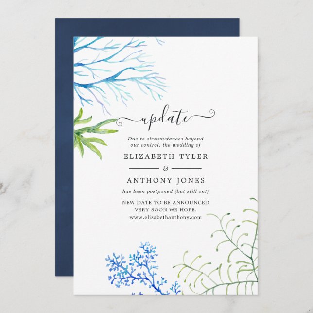 Watercolor Seaweed Beach Themed Wedding Update Invitation (Front/Back)