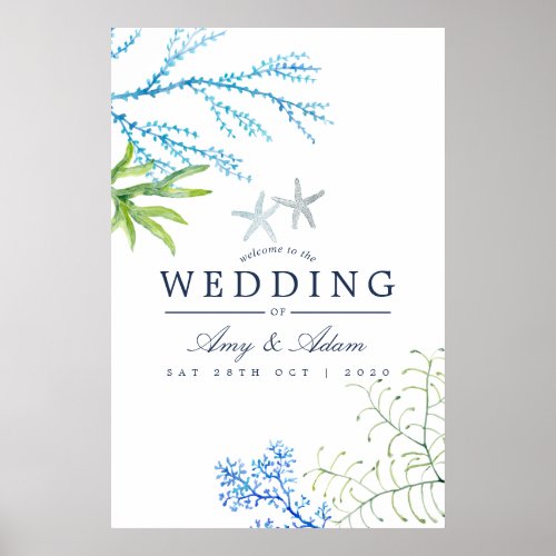 Watercolor Seaweed Beach Themed Wedding Welcome Poster