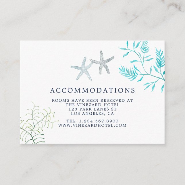 Watercolor Seaweed Beach Wedding Accommodations Enclosure Card (Front)