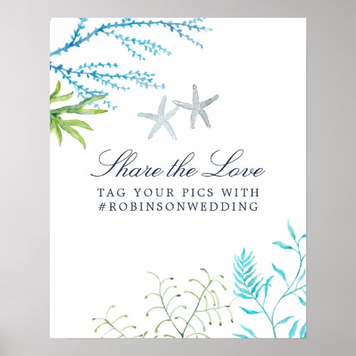 Watercolor Seaweed Beach Wedding Hashtag Poster