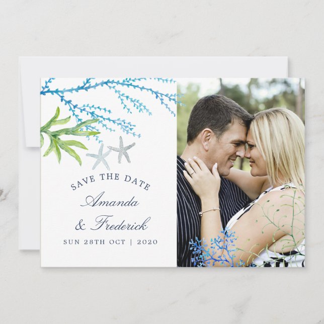 Watercolor Seaweed Beach Wedding Save the Date (Front)