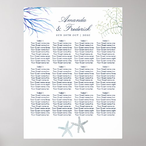 Watercolor Seaweed Beach Wedding Seating Chart