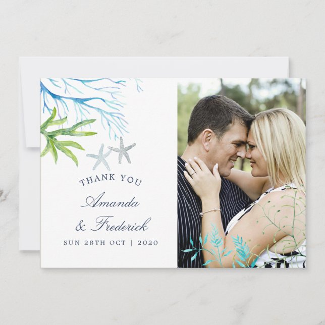 Watercolor Seaweed Beach Wedding Thank You Card (Front)