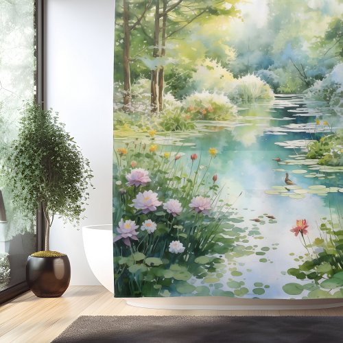 Watercolor Secret Garden Pond Shower Curtain