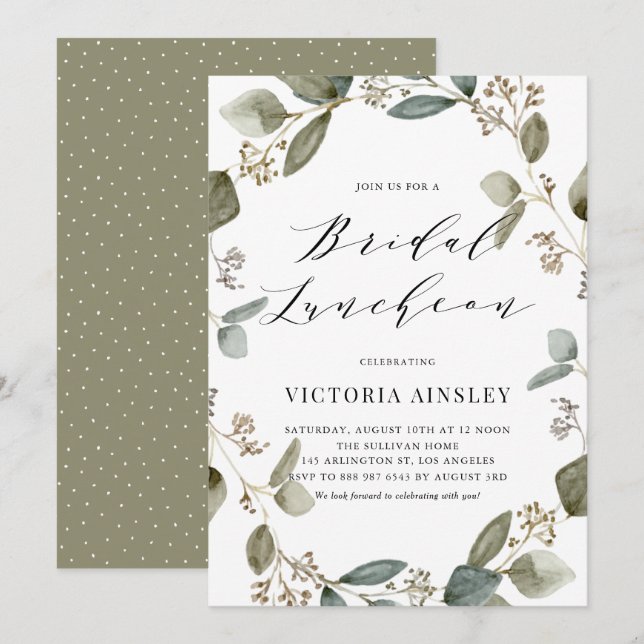 Watercolor Seeded Eucalyptus Bridal Luncheon Invitation (Front/Back)